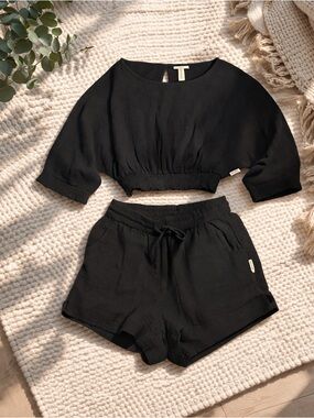 Black Women's Swim Coverup Set - Two-Piece Lounge Top & Shorts